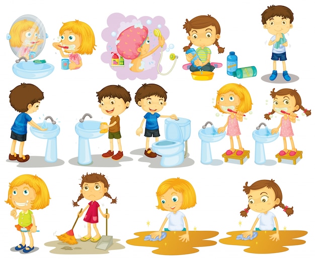 Girls and boys doing chores illustration Vector | Free Download