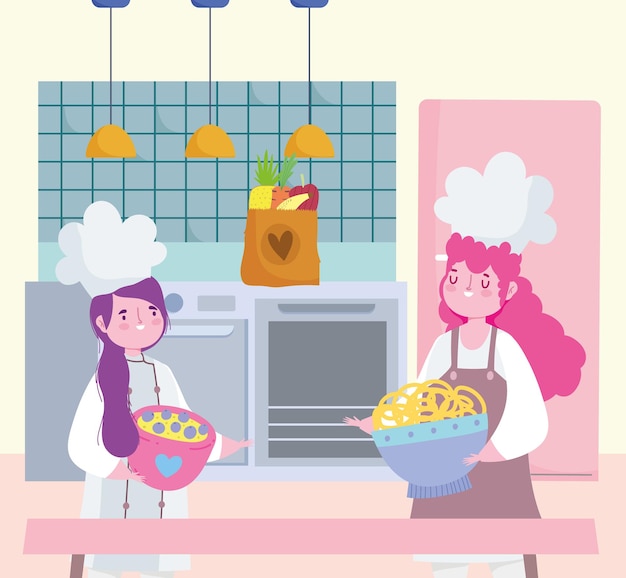 Premium Vector | Girls chef cooking noodles and dessert