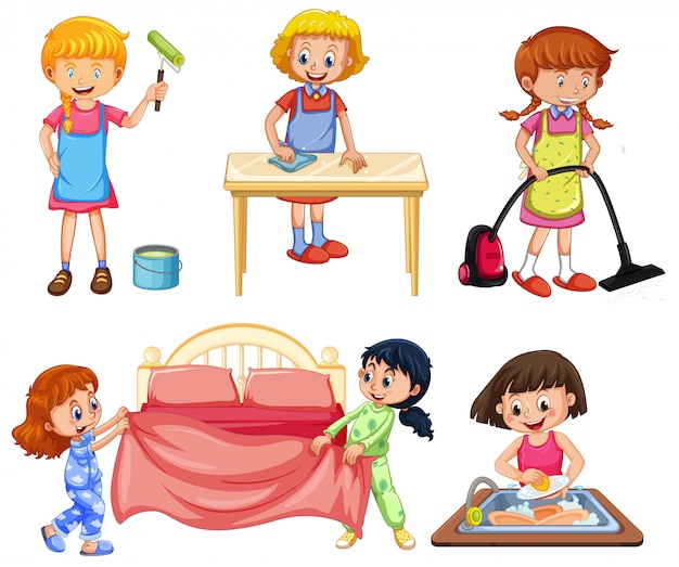 Premium Vector | Girls doing different chores on white background