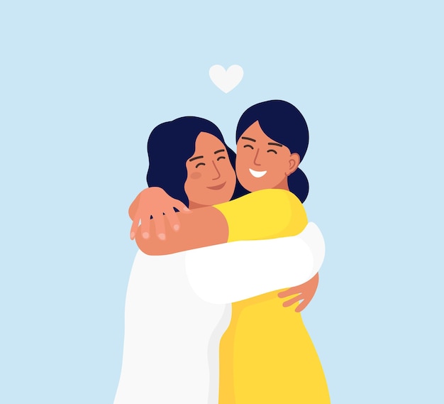 Premium Vector A Girls Hugging Each Other With A Smiling Face Happy Meeting Of Two Friends 