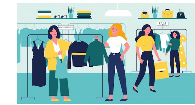 Premium Vector | Girls at modern fashion store choosing clothes on hanger