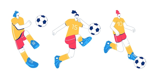 サッカーをしている女の子 フラット文字イラストのセット プレミアムベクター
