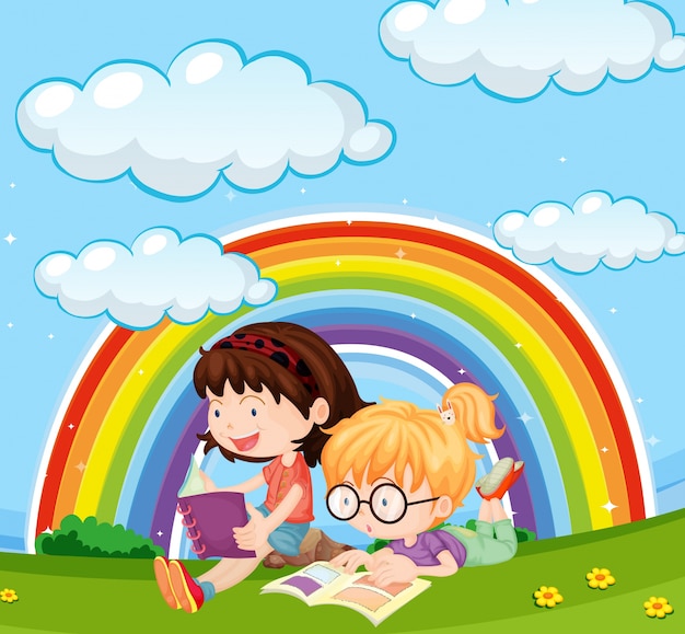 Girls reading book in park with rainbow in sky Free Vector