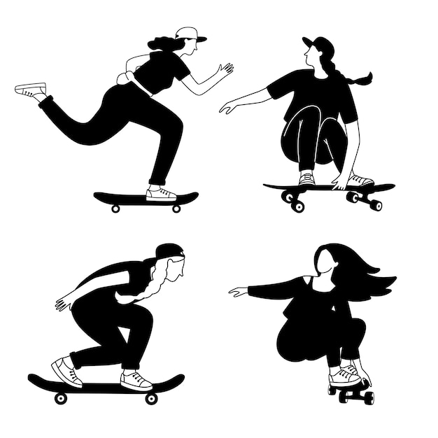 女の子のスケートボードのシルエット ロングボードでトリックを訓練する漫画の若者 ストリートエクストリームスポーツのスケッチ 屋外でアクティブなベクトルイラスト プレミアムベクター