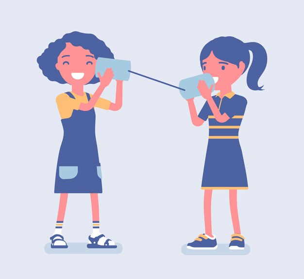 ブリキで話す女の子は電話をかけることができます 自作の音声送信デバイスを使って電話で遊んでいる2人 の友人 子供たちは話すこと 科学ゲーム 活動を楽しんでいます ベクトルフラットスタイルの漫画イラスト プレミアムベクター