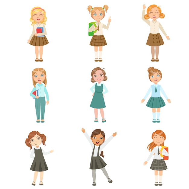 Premium Vector | Girls wearing an assortment of classy school uniforms set