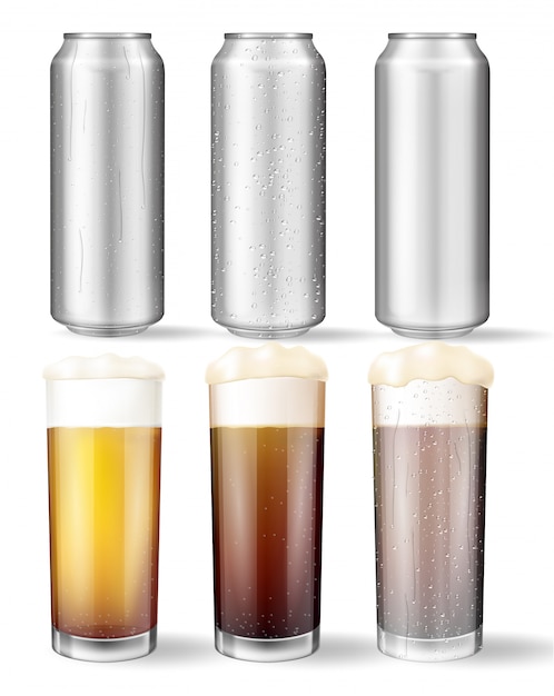 ガラスのグラスとビールとアルミ缶 プレミアムベクター