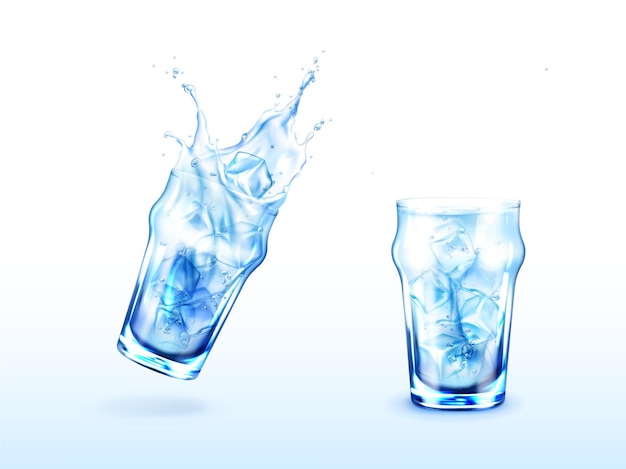 Free Vector Glass With Water And Ice Cubes Cold Drink In Transparent Cup With Splash