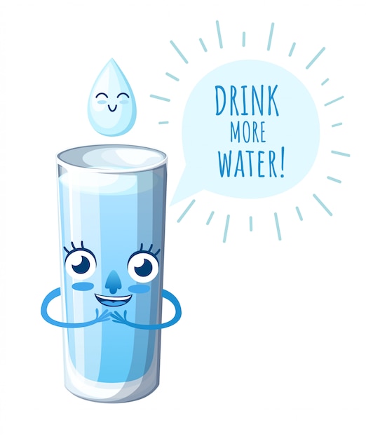 水とガラス スタイルキャラクター 幸せそうな顔のマスコット もっと水を飲む 白い背景のイラスト ウェブサイトページとモバイルアプリ プレミアムベクター