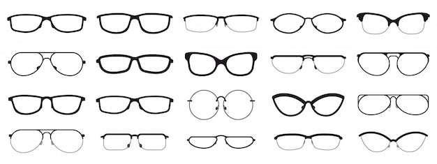 メガネフレーム 眼鏡のシルエット 眼鏡フレーム 光学レンズフレーム 流行に敏感な眼鏡 ファッション光学眼鏡イラストアイコンセット 流行に敏感な目 レンズ 眼鏡フレームのメガネ プレミアムベクター