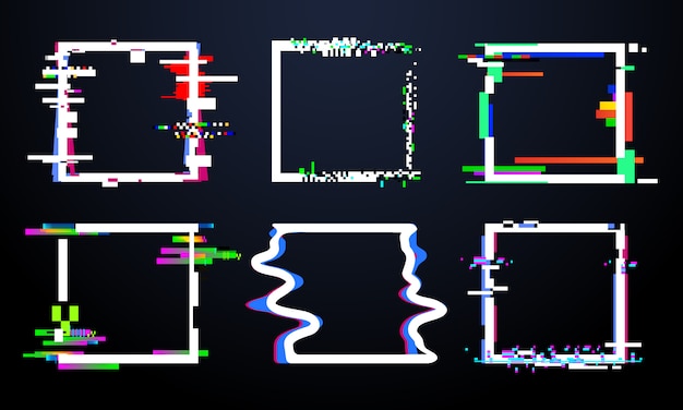 グリッチの正方形のフレーム トレンディなグリッチされた正方形の形状 ノイズグリッチのある抽象的な動的ジオメトリフレーム 歪みデザインベクトルを設定 プレミアムベクター