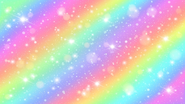 きらめく虹の空 光沢のある虹パステルカラーの魔法の妖精星空とキラキラ輝き背景イラスト プレミアムベクター