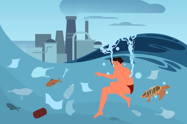 地球環境問題のイラスト 環境汚染 生態学的災害 危機に瀕している地球 空気と水の産業汚染 プレミアムベクター