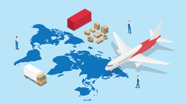 Global logistics network with world map and transportation plane and truck container with modern isometric style Premium Vector