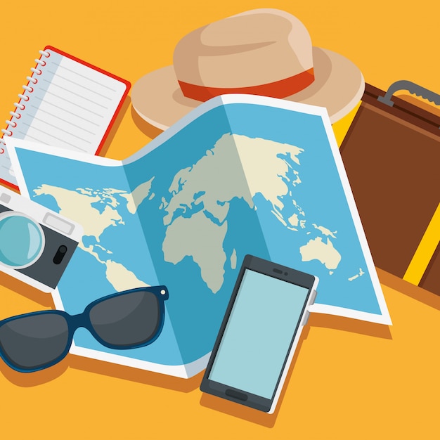 Global map with hat and baggage journey Free Vector