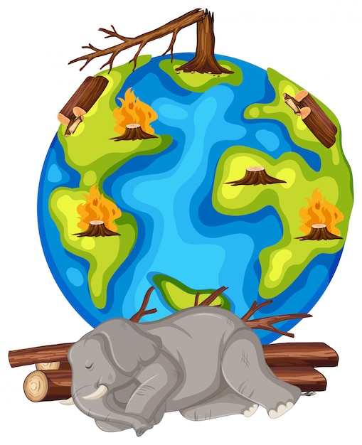 森林破壊と死にかけている動物による地球温暖化 無料のベクター