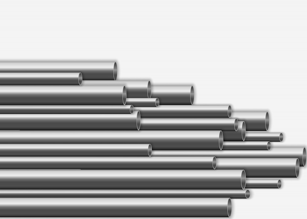 光沢のある3dスチールパイプのデザイン 産業 金属パイプライン製造コンセプト 白い背景に分離されたさまざまな直径の鋼またはアルミニウムのパイプ イラスト プレミアムベクター