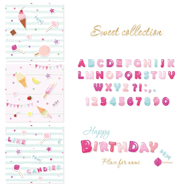 Download Glossy font and seamless pattern with sweets set | Premium ...
