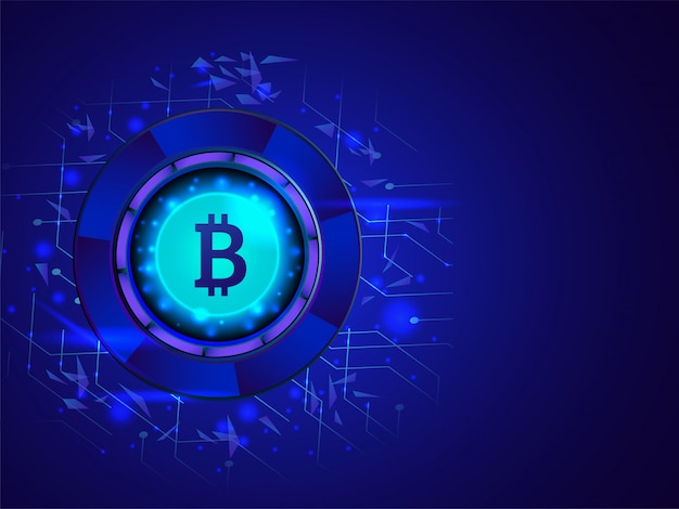 Premium Vector | Glowing bitcoin on glossy blue digital background.