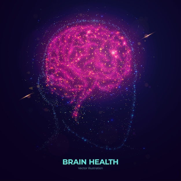 Glowing human brain made of neon particles. Premium Vector