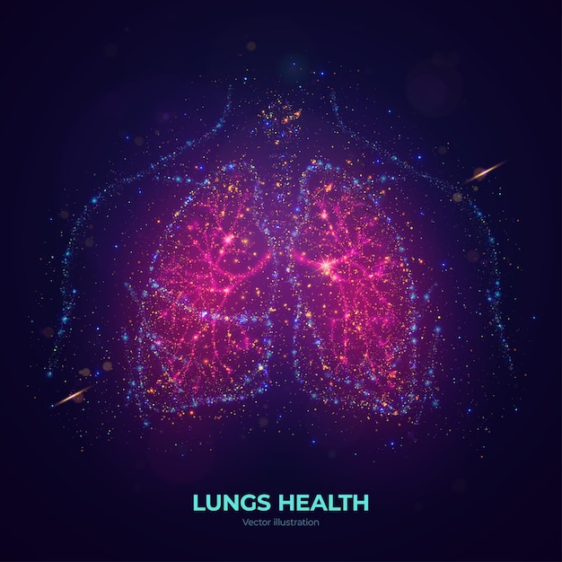 Glowing human lungs vector illustration made of neon particles. bright magic lungs health concept ar