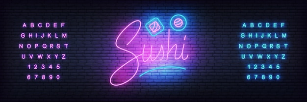 Glowing lettering sushi and rolls Premium Vector