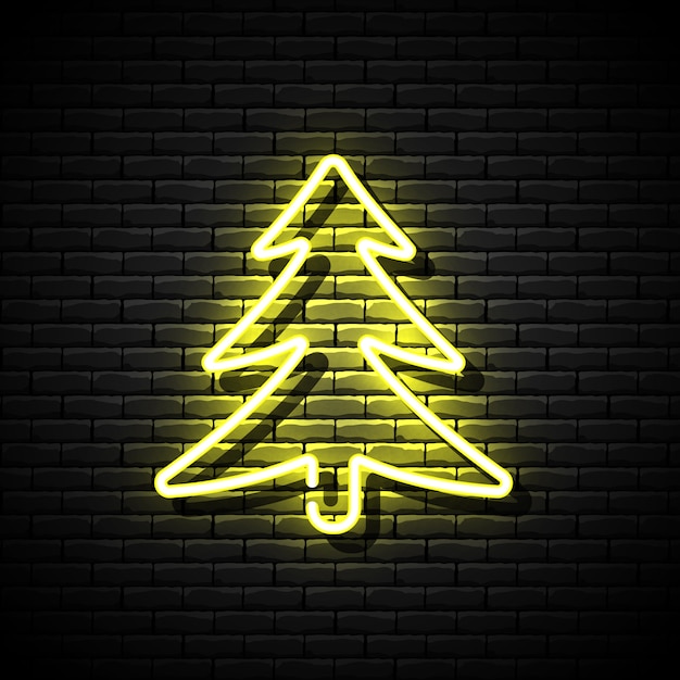 Premium Vector | Glowing neon christmas tree on brick wall. illustration.