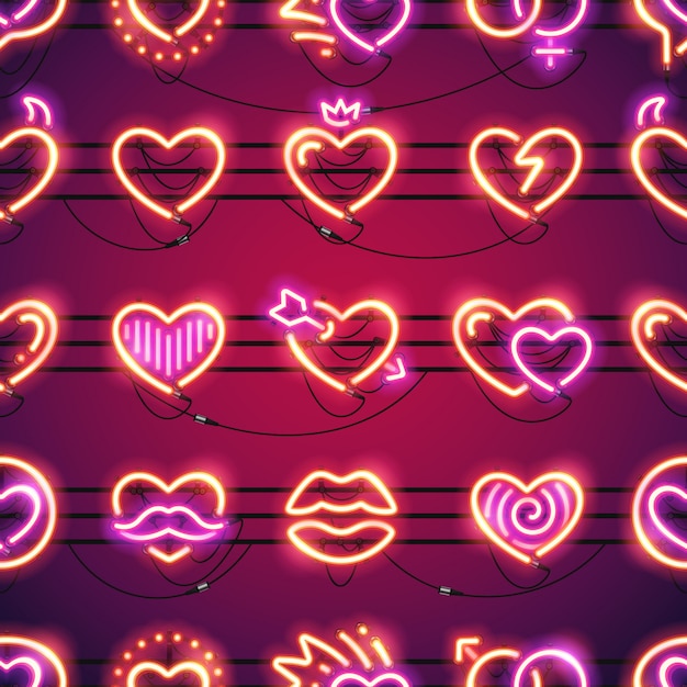 Premium Vector Glowing neon hearts seamless background