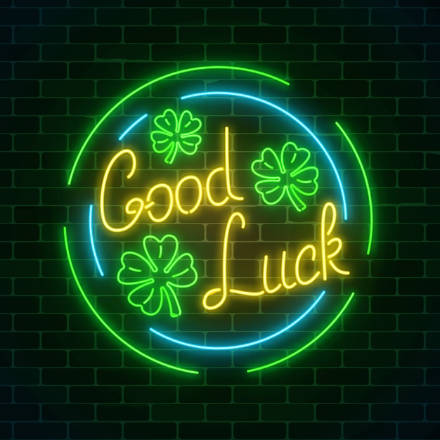 Premium Vector | Glowing neon sign with geed luck wish and four-leaf ...