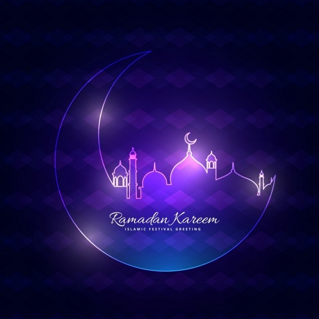 Glowing purple ramadan backgorund with moon and\
mosque