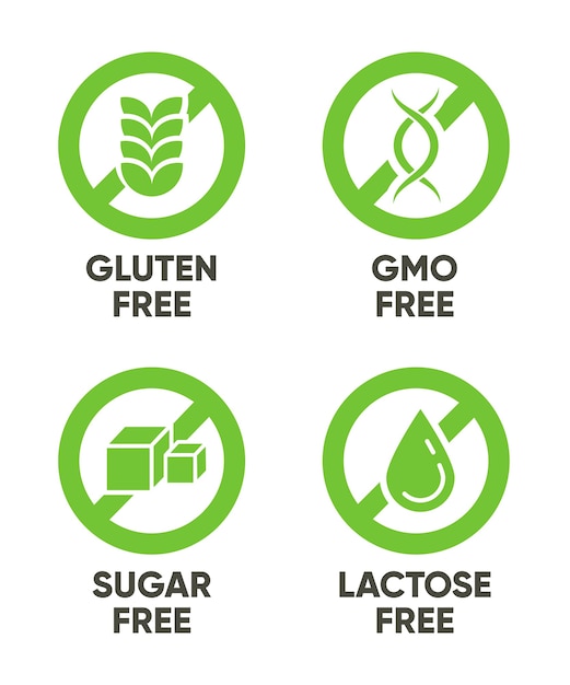 Free Vector | Gluten, gmo, sugar, lactose free signs. set of green ...