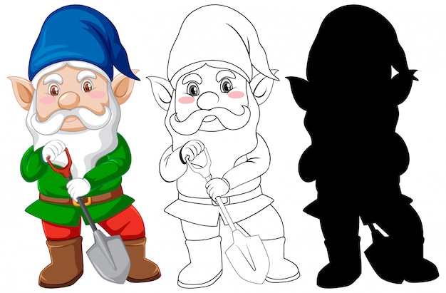 Download Free Vector | Gnome in gerdener costume in color and outline and silhouette in cartoon character
