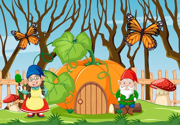 Download Gnome with pumpkin house in the garden with butterfly ...