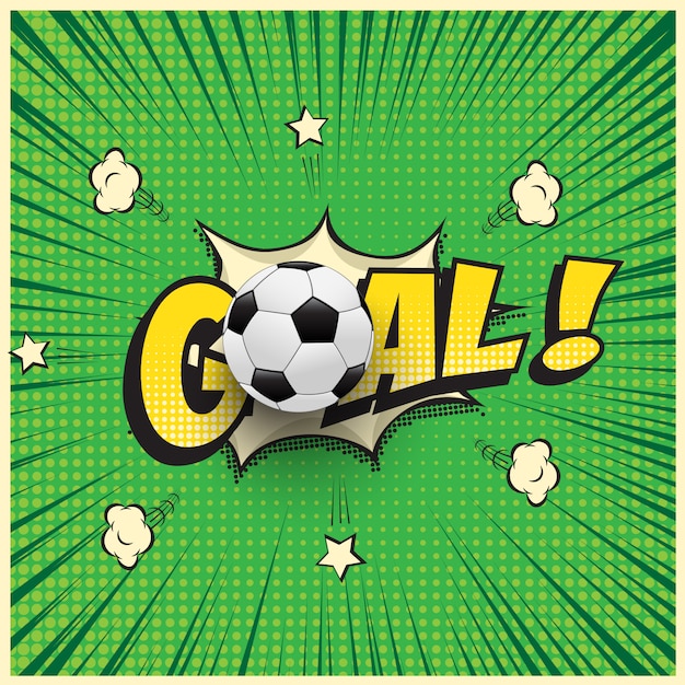 Goal word with realistic soccer ball in comic book style illustration. Premium Vector