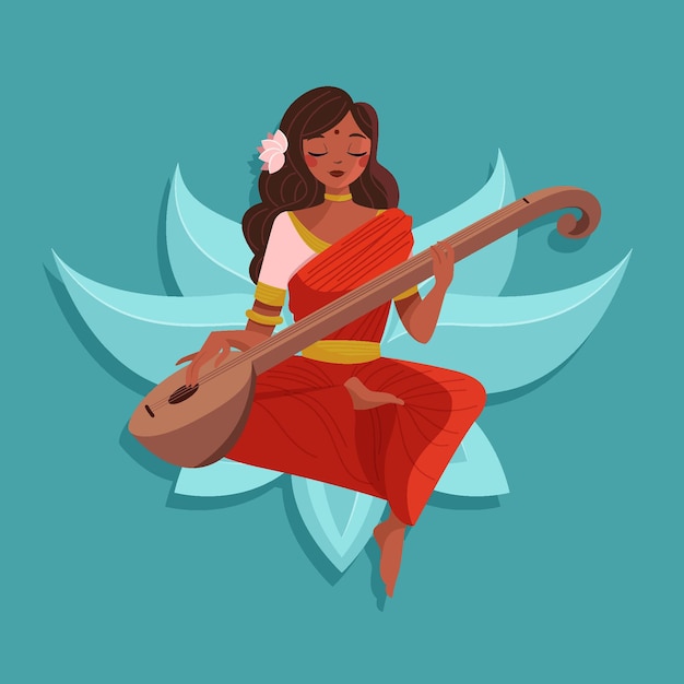 楽器を演奏する女神幸せなサラスワティ 無料のベクター