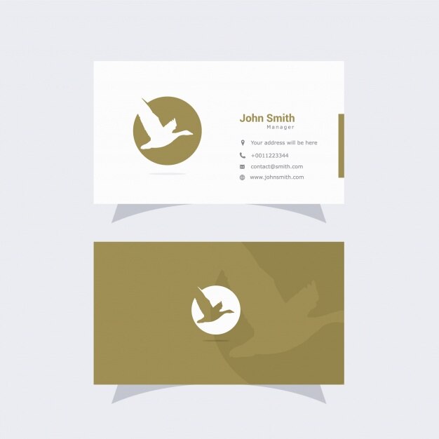 Gold and white business card with bird\
logo