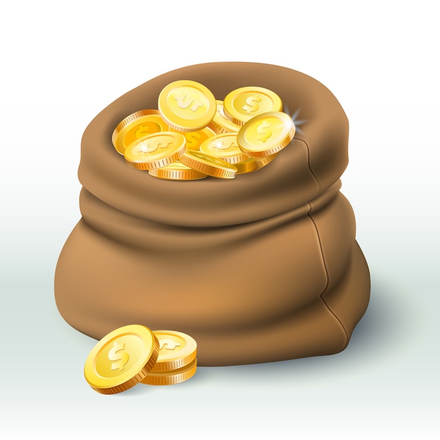 ゴールドコインバッグ 黄金のコインの富 大きな現金袋とお金ボーナス3 Dのリアルなイラスト プレミアムベクター