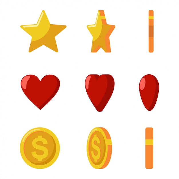 Gold coins, stars and red hearts flips. game and web icons set isolated on a white background. Premium Vector