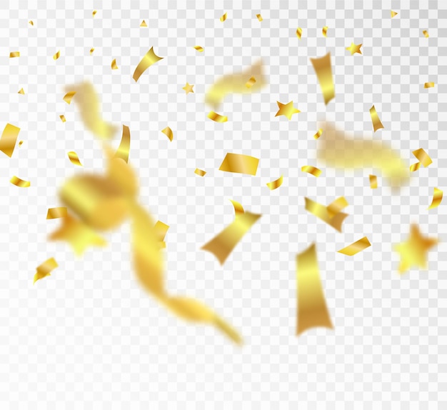 透明な背景に落ちる金の紙吹雪とリボンお祭りイラストベクトル プレミアムベクター