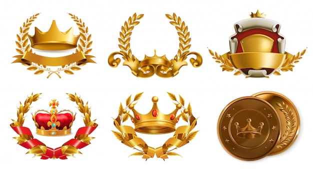 プレミアムベクター 金の王冠と月桂樹のリース 3dベクトルのロゴ