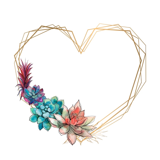 Premium Vector | Gold heart frame with succulents