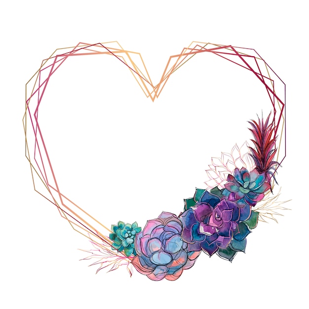 Download Gold heart frame with succulents | Premium Vector