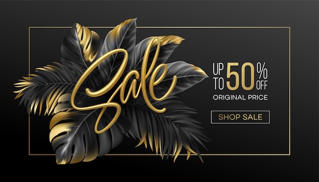 Gold metallic summer sale lettering on a  background from  tropical leaves of plants. Premium Vector