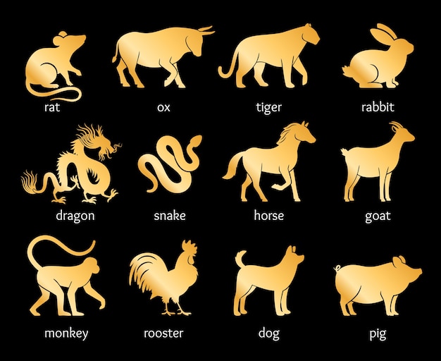 中国の星占いという名前の金 豚と犬 酉と猿 山羊と馬 蛇とドラゴン 卯と虎 牛とラットのアジアの黄道帯の動物のキャラクター プレミアムベクター