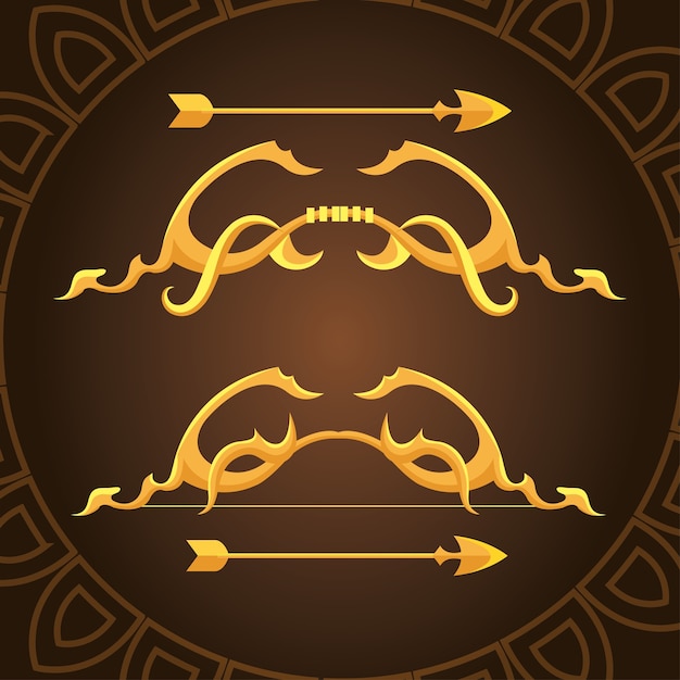 武器アーチェリーキューピッドとビンテージテーマの茶色の背景デザインの矢印と金の装飾弓 プレミアムベクター