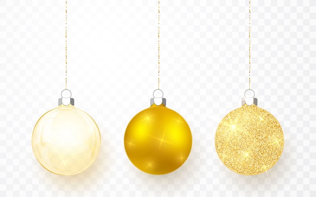 ゴールドの光沢のあるキラキラと透明なクリスマスボール 透明な背景にクリスマスガラス玉 休日の装飾テンプレート プレミアムベクター