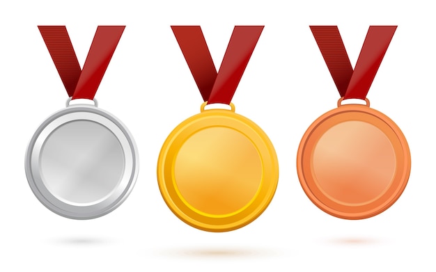 金 銀 銅メダル 赤いリボンのスポーツメダルのセット テキストイラスト用の空き容量のあるメダルテンプレート プレミアムベクター