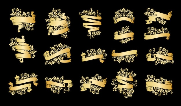 Download Gold vintage ribbon banners with leaves and flowers Vector ...