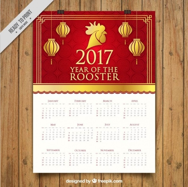 Golden and red calendar for year of the rooster Vector Free Download