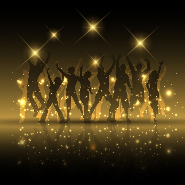 Golden background with silhouettes of people\
partying